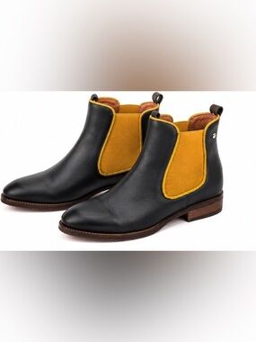 PIKOLINOS Black Leather Chelsea Boots with Mustard Elastic Panels